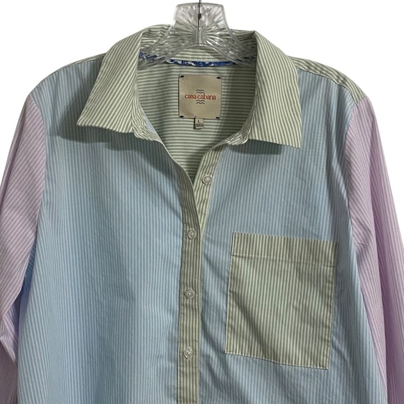 Casa Cabana Pastel Color Block Pin-Stripe Button Down Shirt Top  Woman’s Large - Picture 2 of 6